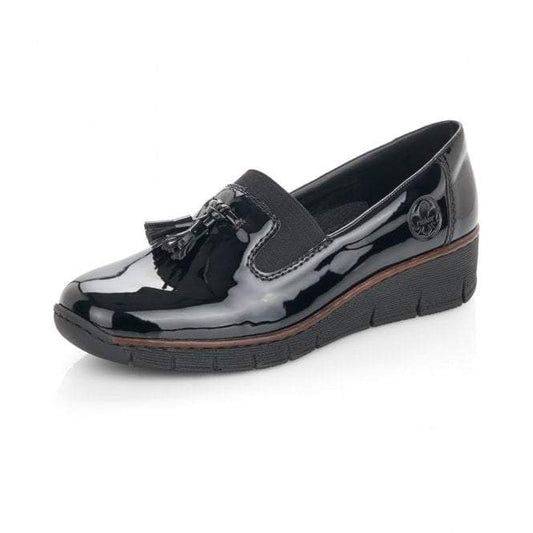 Rieker 53751-00 Black Patent Slip On Shoes with Tassel